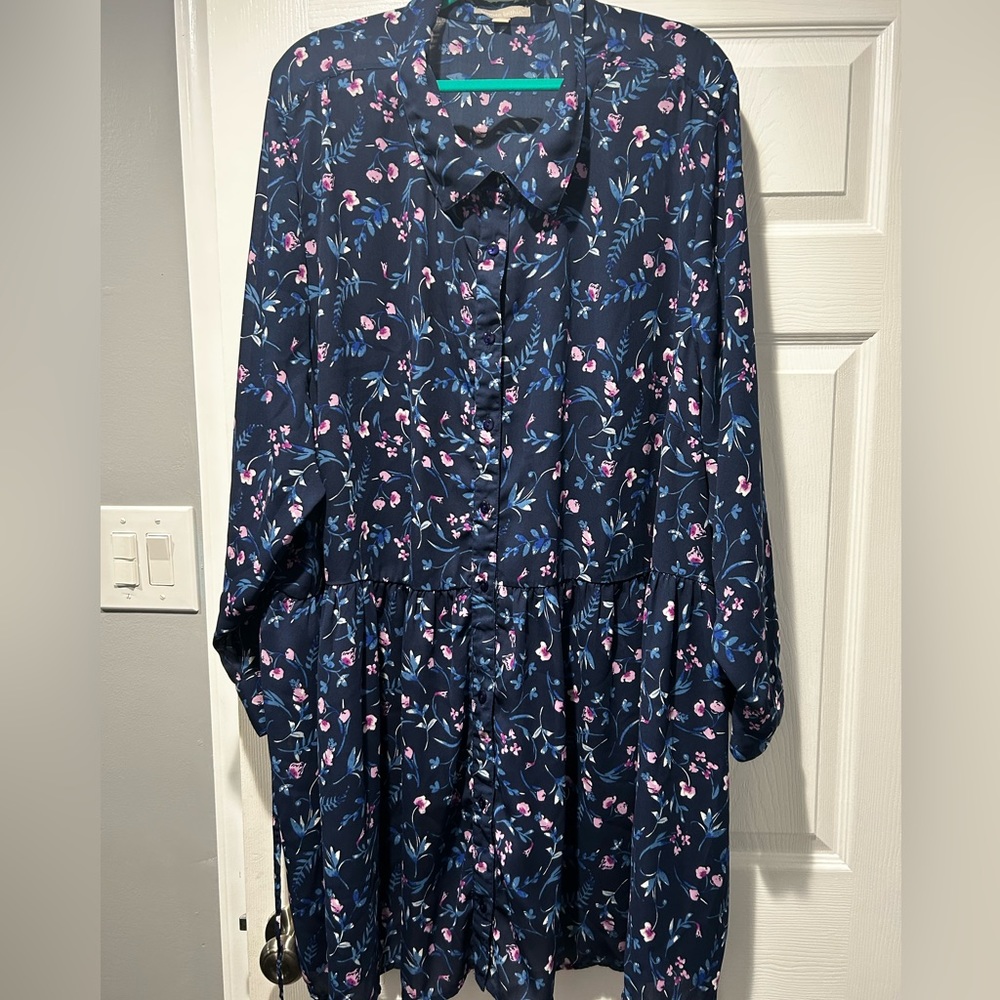 Woman Within Size 4x (34/36) Blue Floral Button Up Dress w/Tie Back